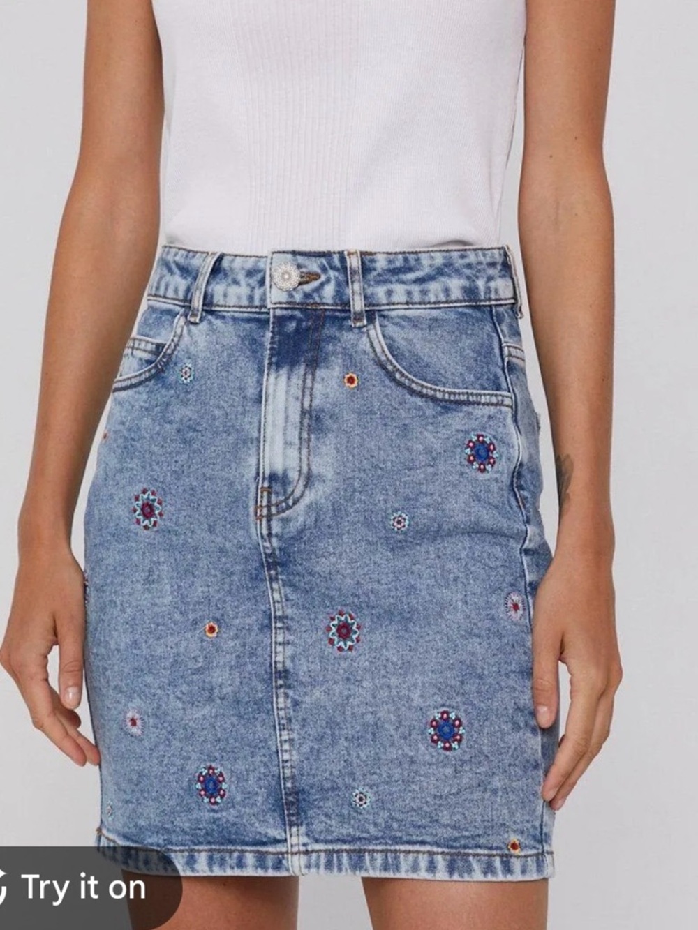 Desigual Denim Skirt 44 Blue Embroidered Mandala Mini Boho Y2K Jean Skirt
